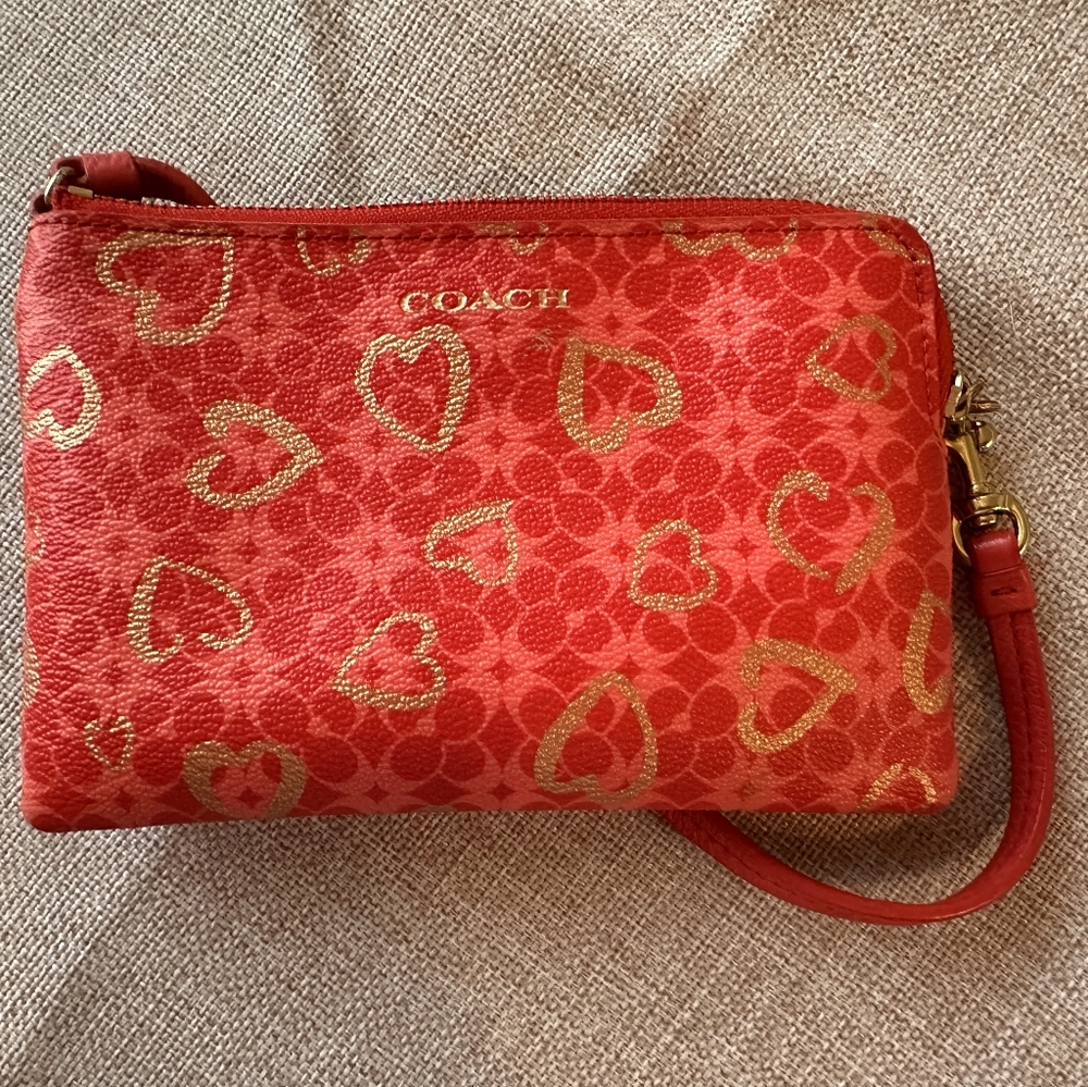 Coach Red and Gold Heart Patterned Wristlet